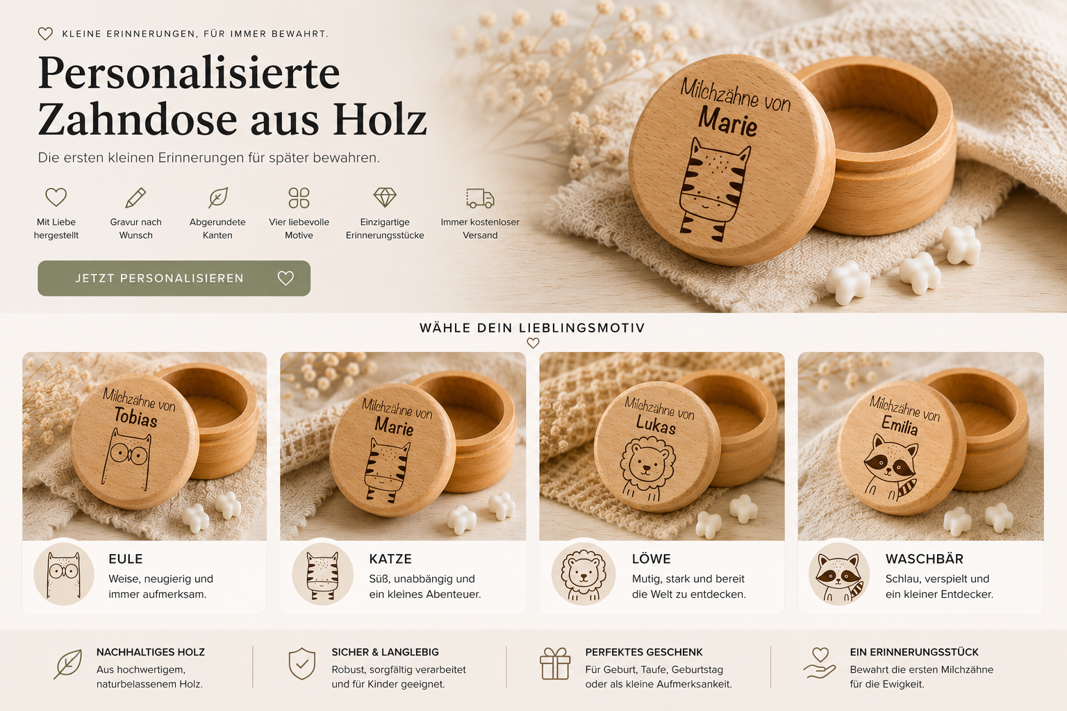 Zahndose aus Holz personalisiert – Milchzahndose mit Name & Motiv graviert