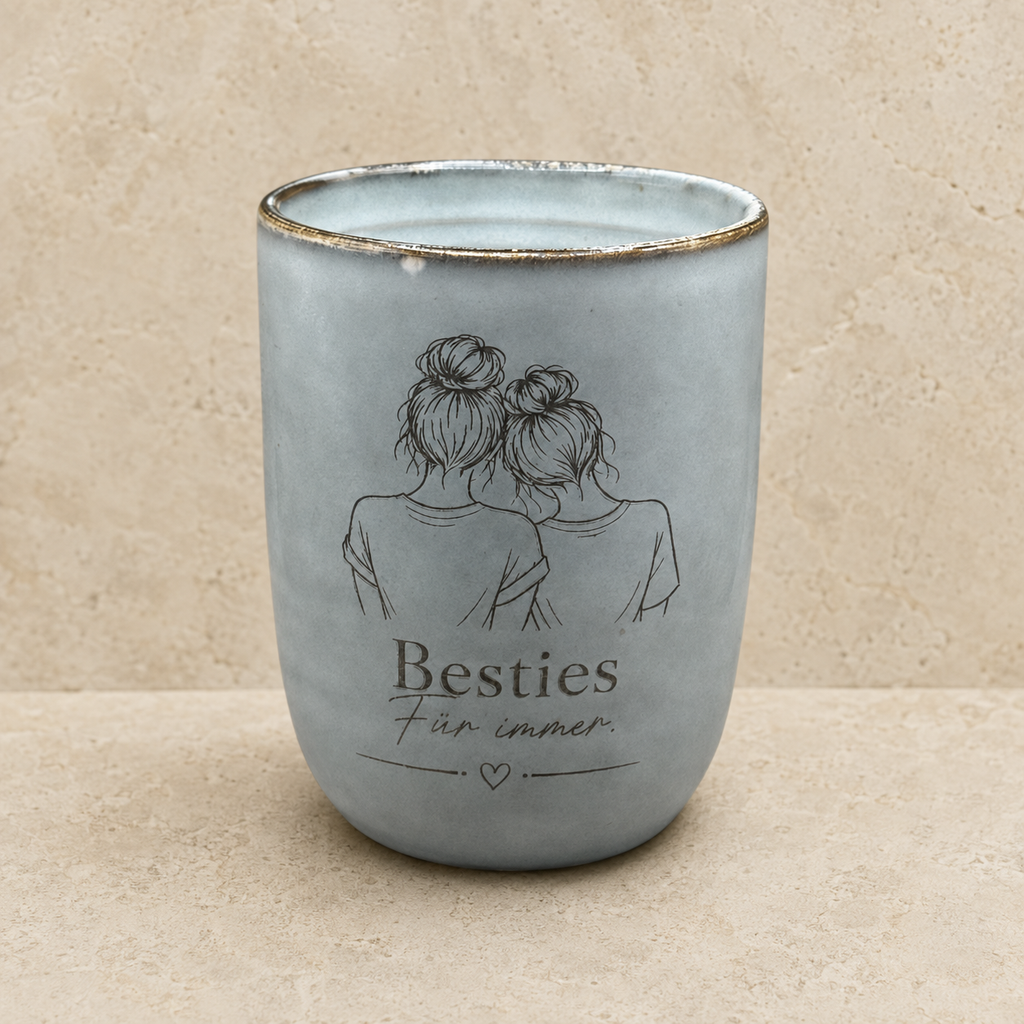 Graue Keramiktasse mit Gravur „Besties für immer“ und Freundinnenmotiv