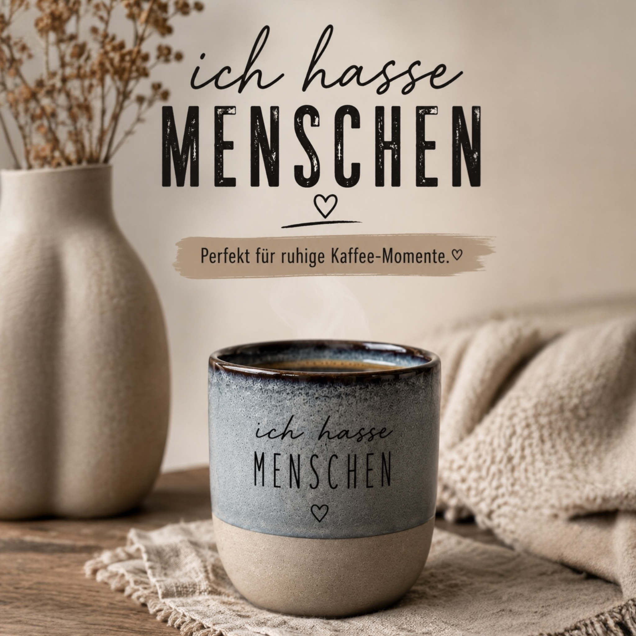Keramiktasse mit Spruch – Ich hasse Menschen – Lustige Tasse für Morgenmuffel