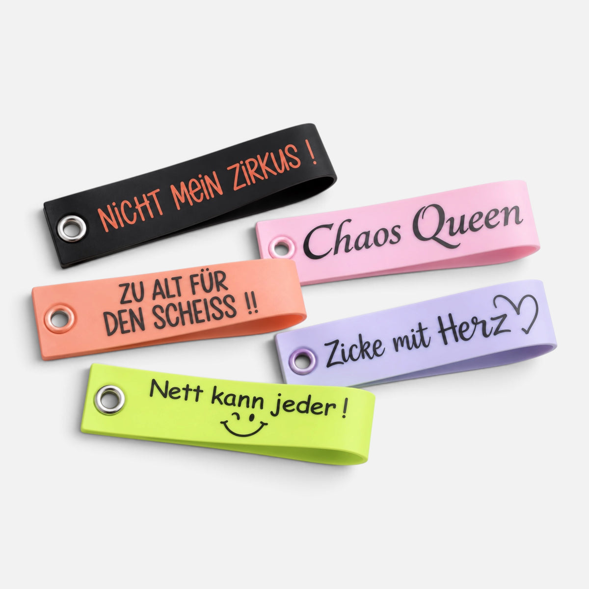 Lustige Schlüsselanhänger mit Spruch – 5 Designs und Farben