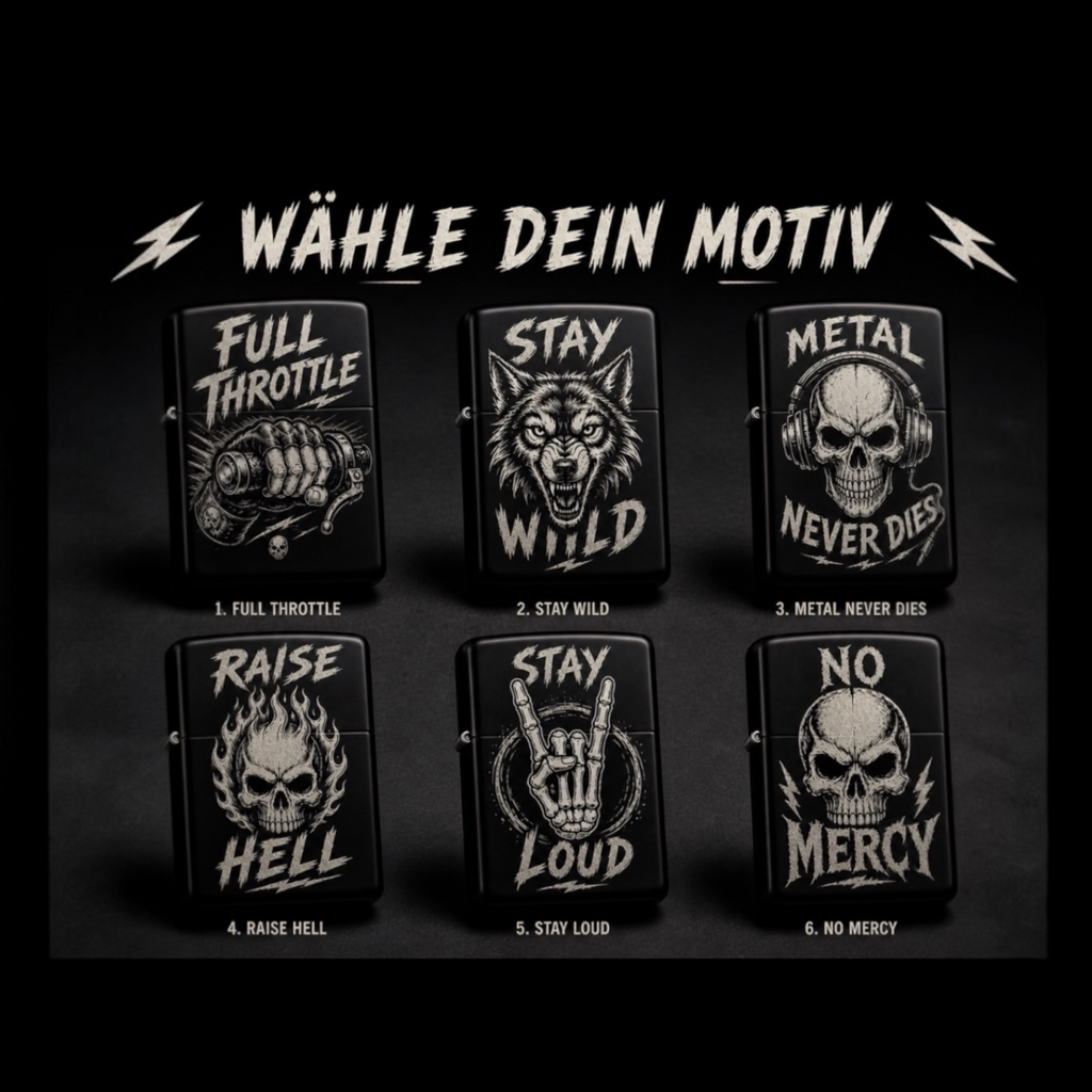 Feuerzeug mit Gravur Metal Edition – 6 Designs für Rock & Biker Fans