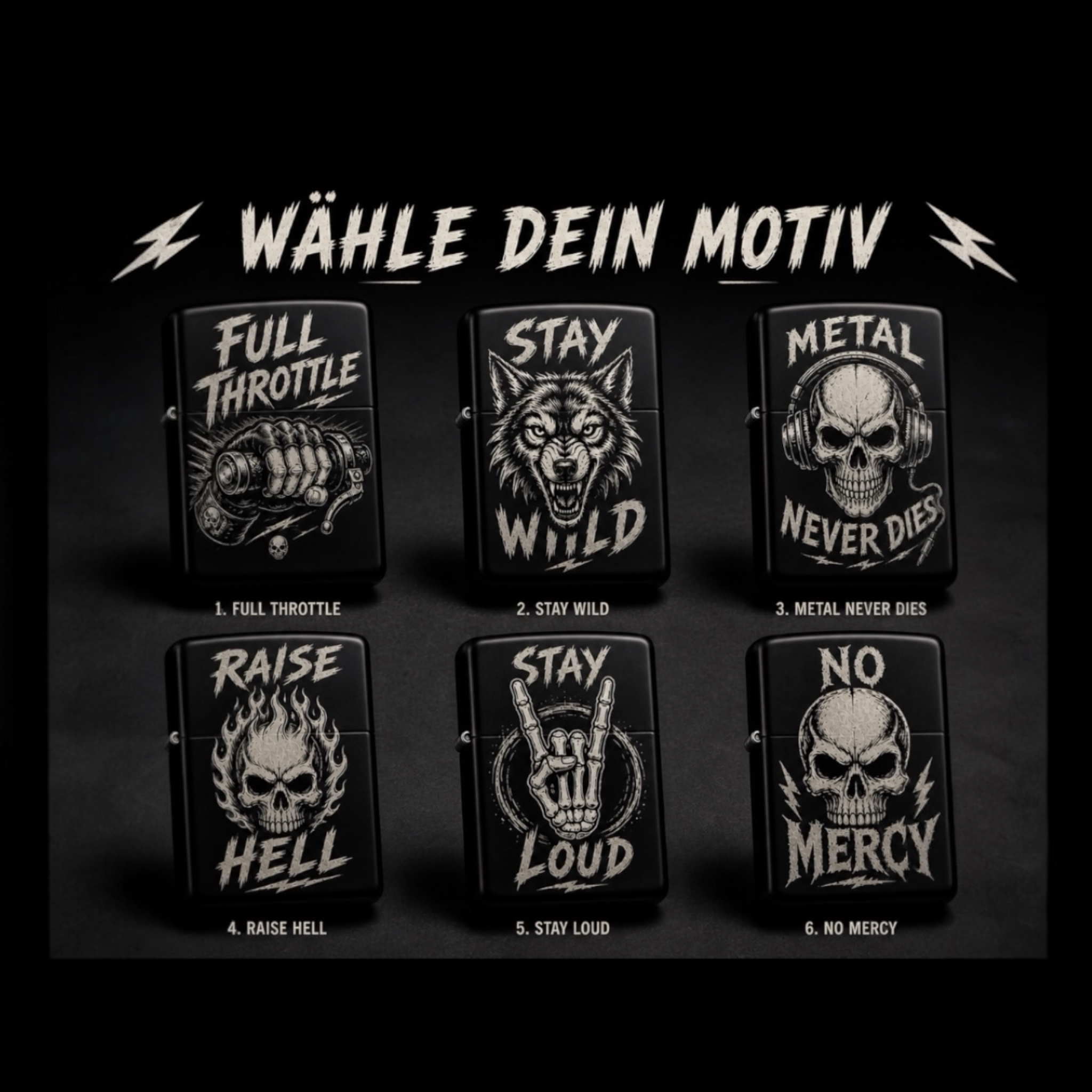 Feuerzeug mit Gravur Metal Edition – 6 Designs für Rock & Biker Fans