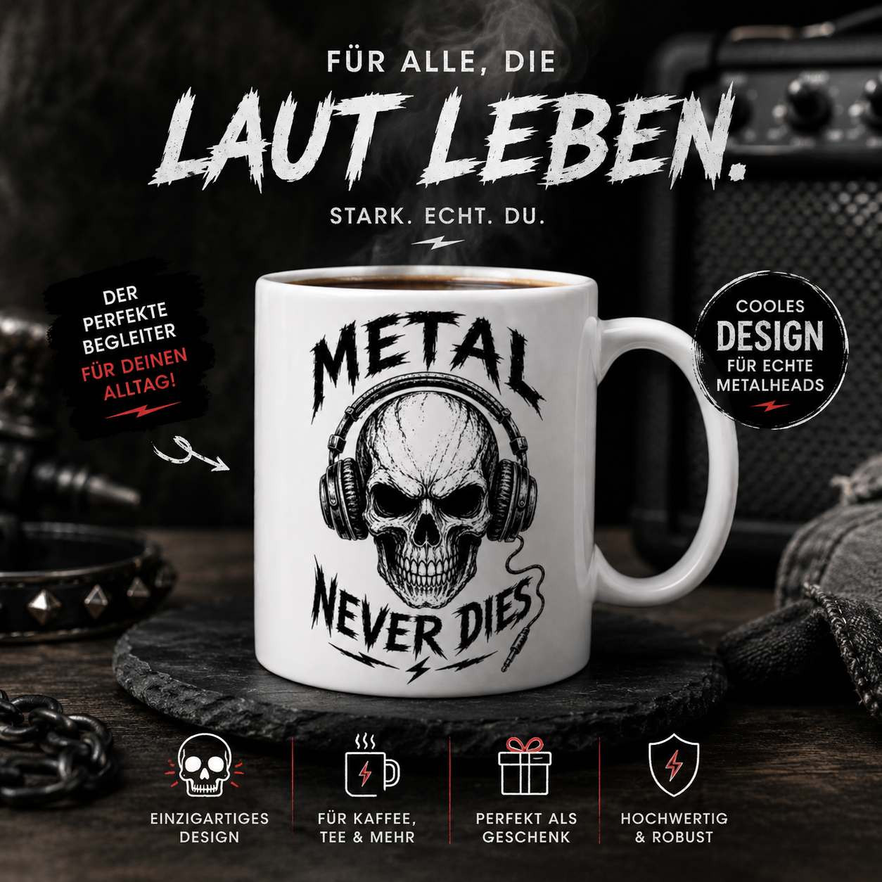 Tasse Metal Never Dies – 330 ml | Geschenk für Metalheads & Rockfans