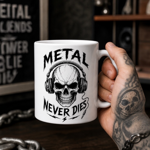 Metal-Tasse „Metal Never Dies“ in tätowierter Hand vor dunklem Regal