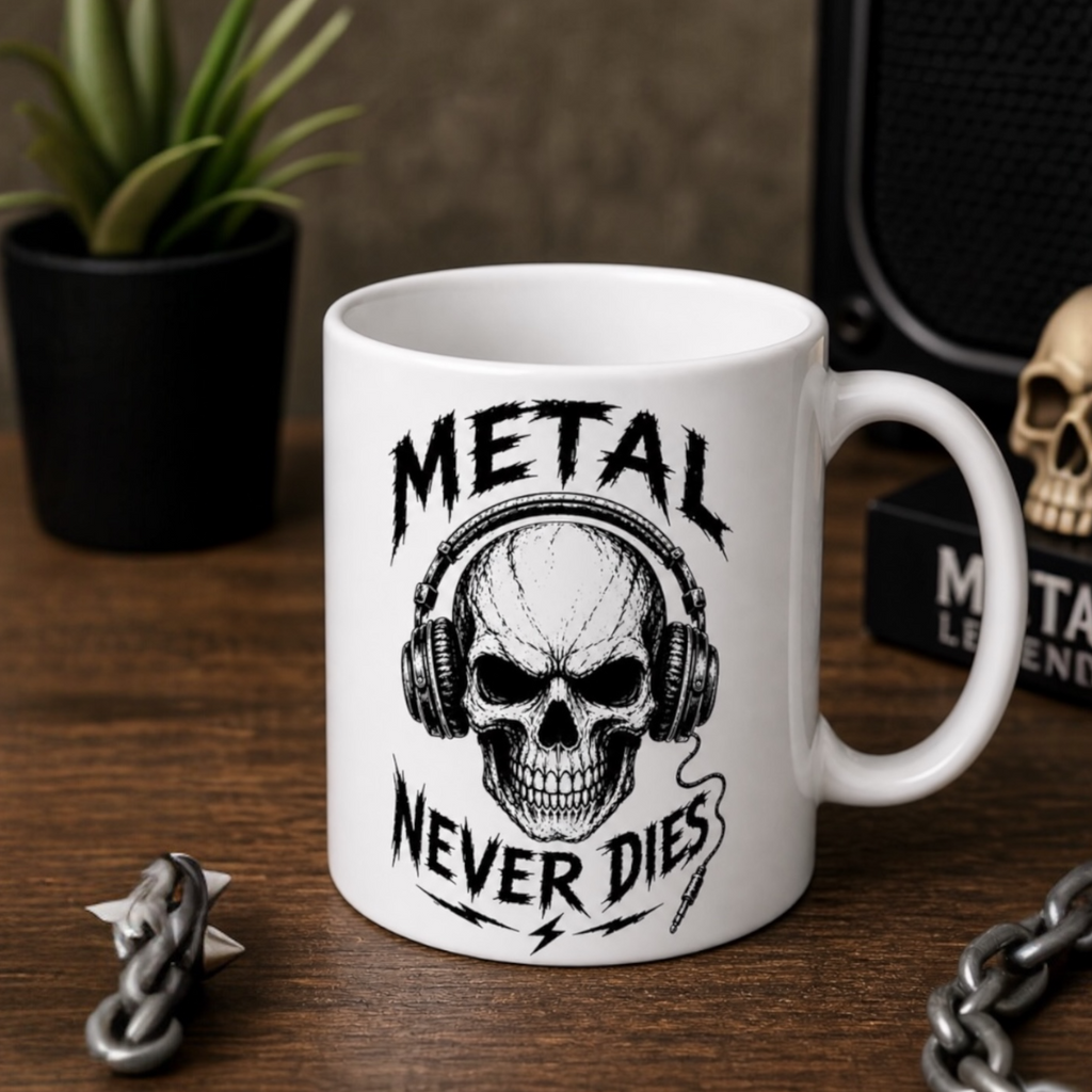 Tasse Metal Never Dies – 330 ml | Geschenk für Metalheads & Rockfans