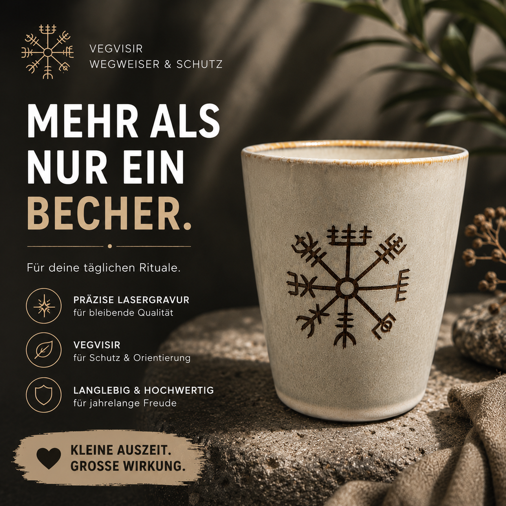 Keramikbecher mit Gravur – Wikinger Kompass Vegvisir – Geschenk für Wikinger Fans