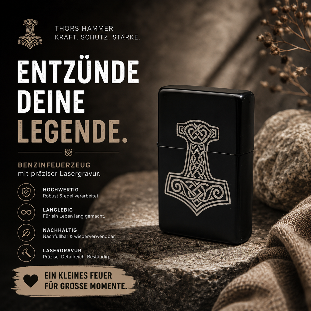 Wikinger Feuerzeug mit Gravur – Thors Hammer Mjölnir | Geschenk für Männer