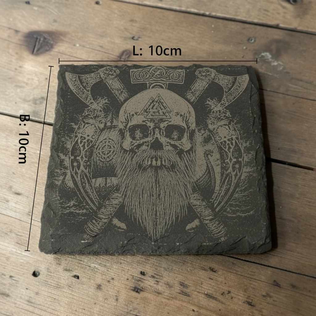 Wikinger Schiefertafel 10x10 cm mit Gravur – Naturschiefer Untersetzer mit Valknut & Nordischer Symbolik
