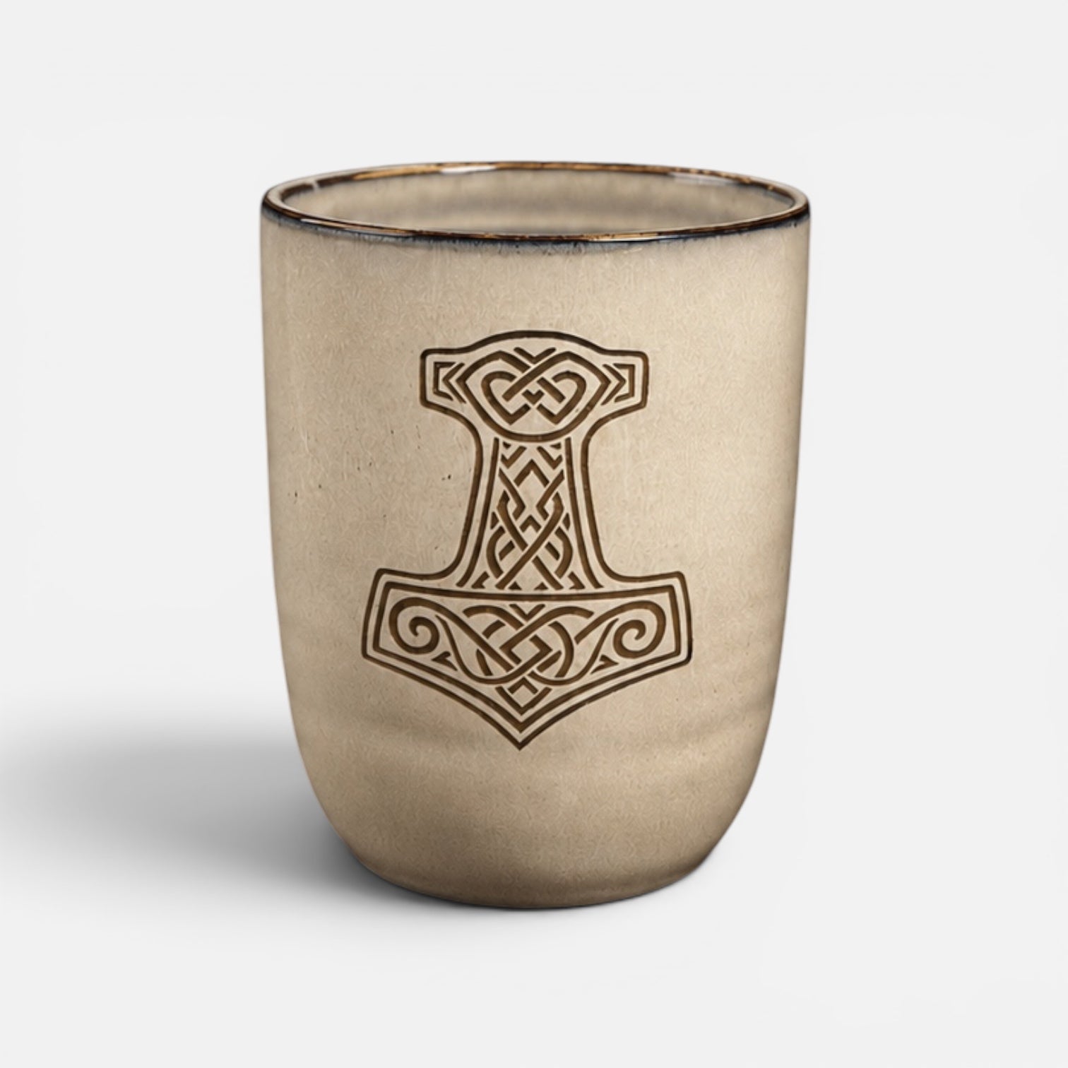 Wikinger Keramikbecher mit Gravur Mjölnir – Thors Hammer – Nordischer Kaffeebecher