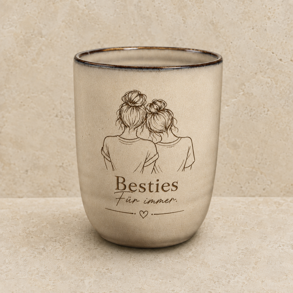 Braune Keramiktasse mit Gravur „Besties für immer“ und Freundinnenmotiv