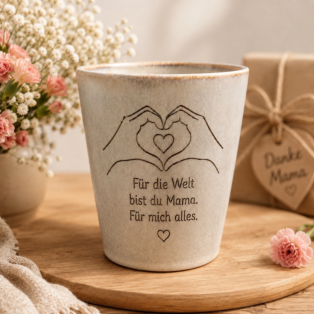 Beigegraue Keramiktasse mit Gravur „Für die Welt bist du Mama, für mich alles“ und Herzmotiv