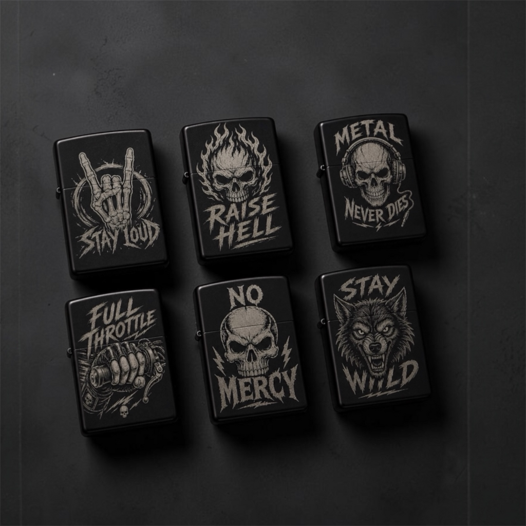 Feuerzeug mit Gravur Metal Edition – 6 Designs für Rock & Biker Fans