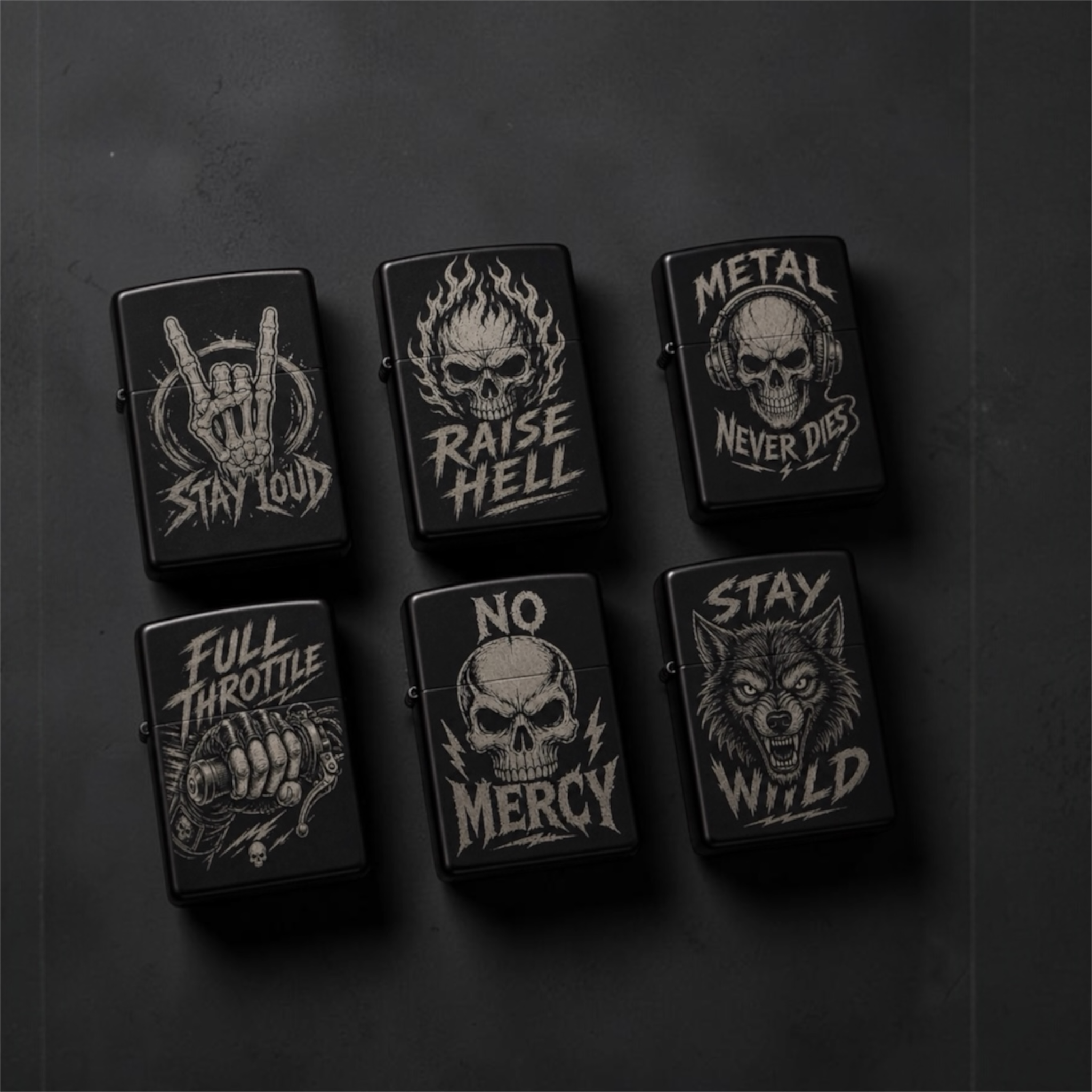 Feuerzeug mit Gravur Metal Edition – 6 Designs für Rock & Biker Fans