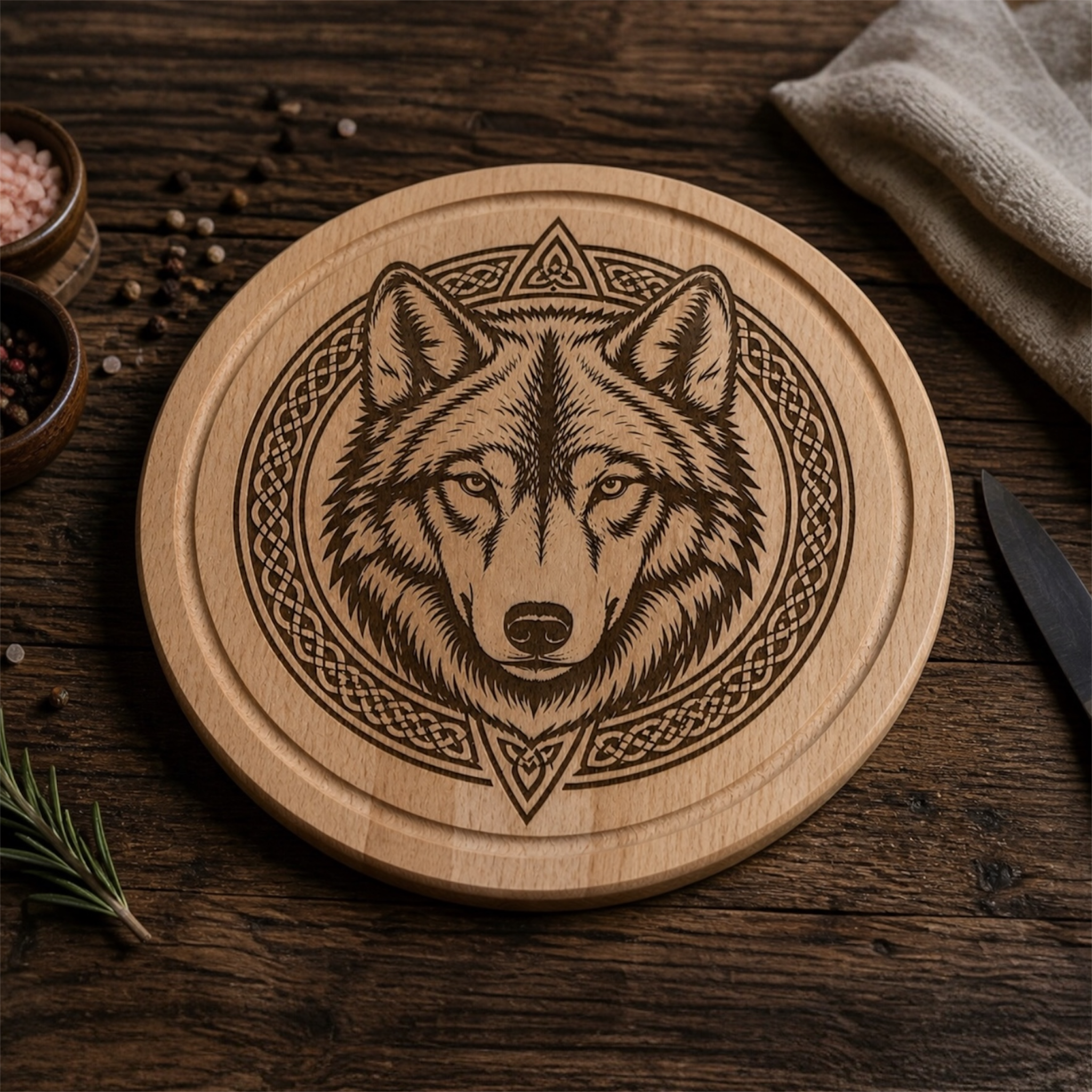 Schneidebrett aus Holz mit Gravur – Wikinger Design Thors Hammer & Wolf