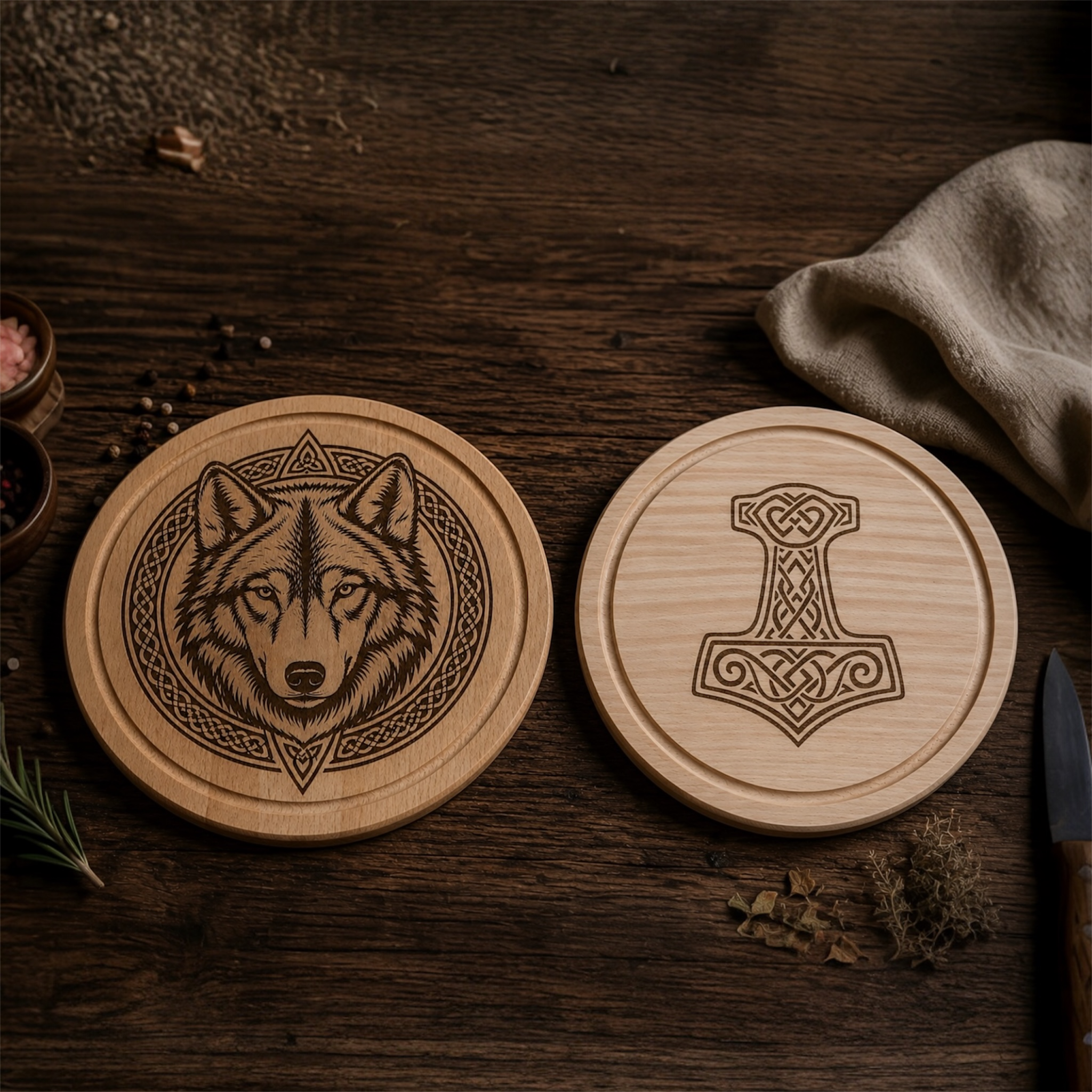Schneidebrett aus Holz mit Gravur – Wikinger Design Thors Hammer & Wolf