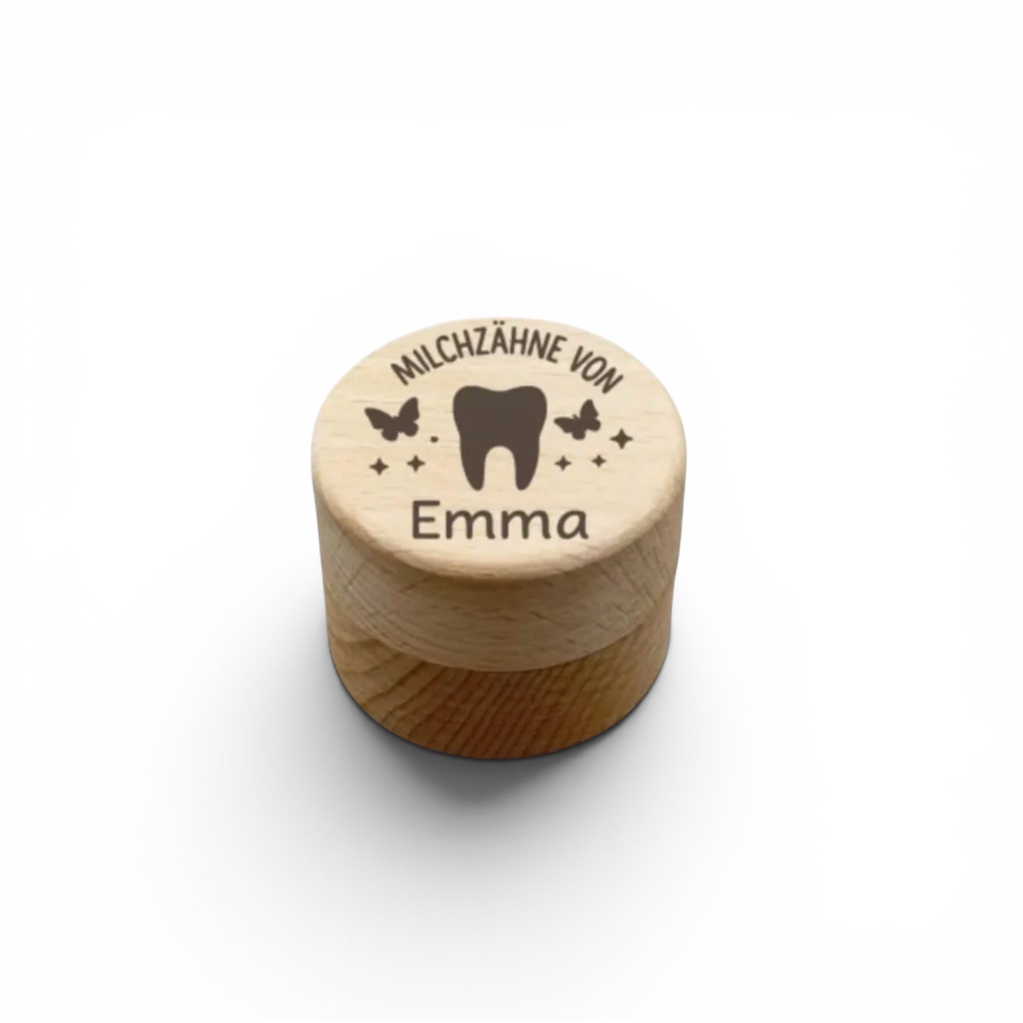 Milchzahndose aus Holz personalisiert – mit Name & Motiv graviert