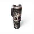 Schwarzer Skull Tumbler mit silberner Totenkopf- und Rosengravur in Vorderansicht