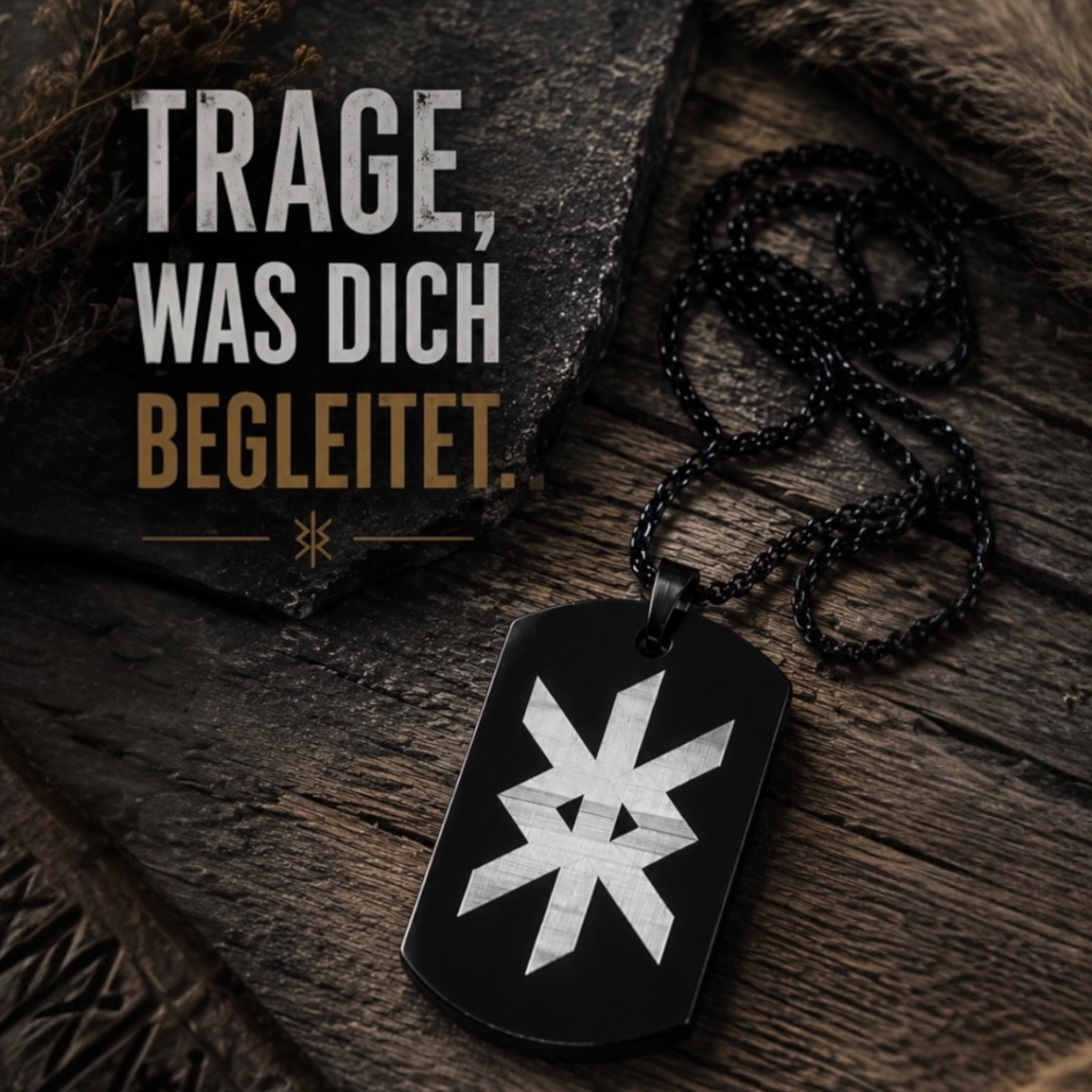 Schwarze Wikinger Kette aus Edelstahl mit gravierter nordischer Rune auf Dog Tag Anhänger. Nordischer Schmuck für Männer mit hochwertiger Lasergravur.