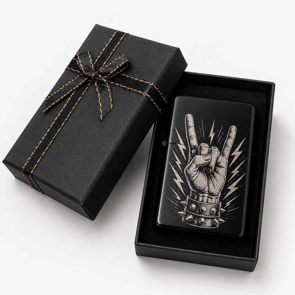 Schwarzes Benzinfeuerzeug mit Devil-Horns-Gravur in geöffneter schwarzer Verpackungsbox.