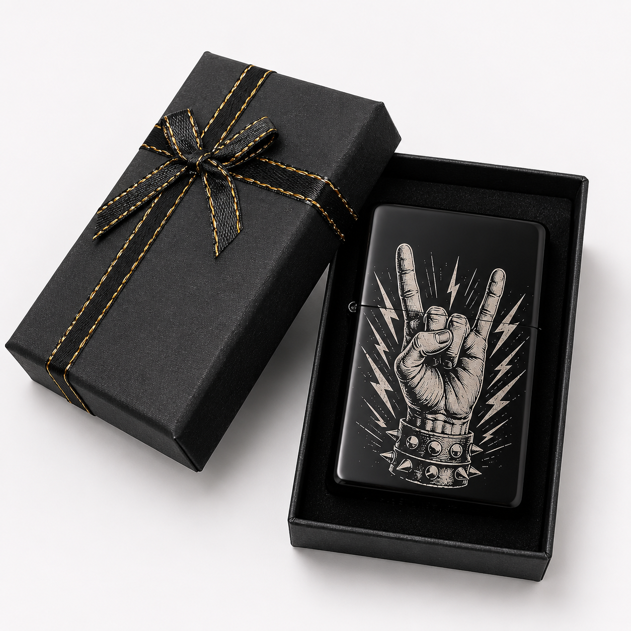 Schwarzes Benzinfeuerzeug mit Devil-Horns-Gravur in geöffneter schwarzer Verpackungsbox.