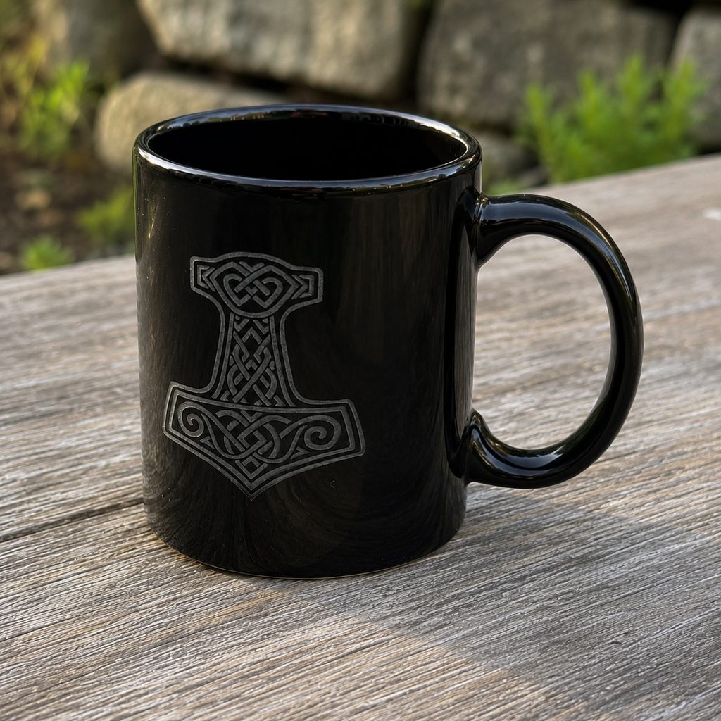 Schwarze Kaffeetasse mit detailreicher Mjölnir Lasergravur für Wikinger Fans
