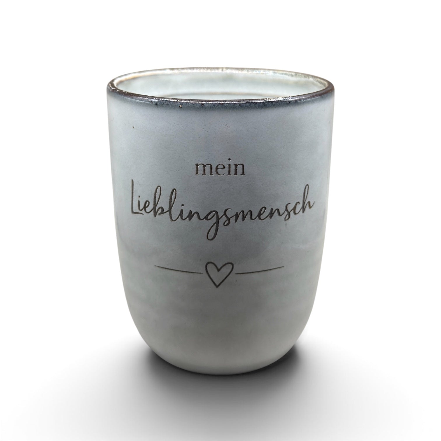 Graue Keramiktasse 330 ml mit graviertem Schriftzug „Mein Lieblingsmensch“