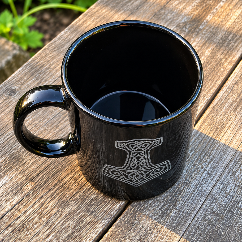 Schwarze Keramiktasse mit Thors Hammer Mjölnir Gravur in Draufsicht