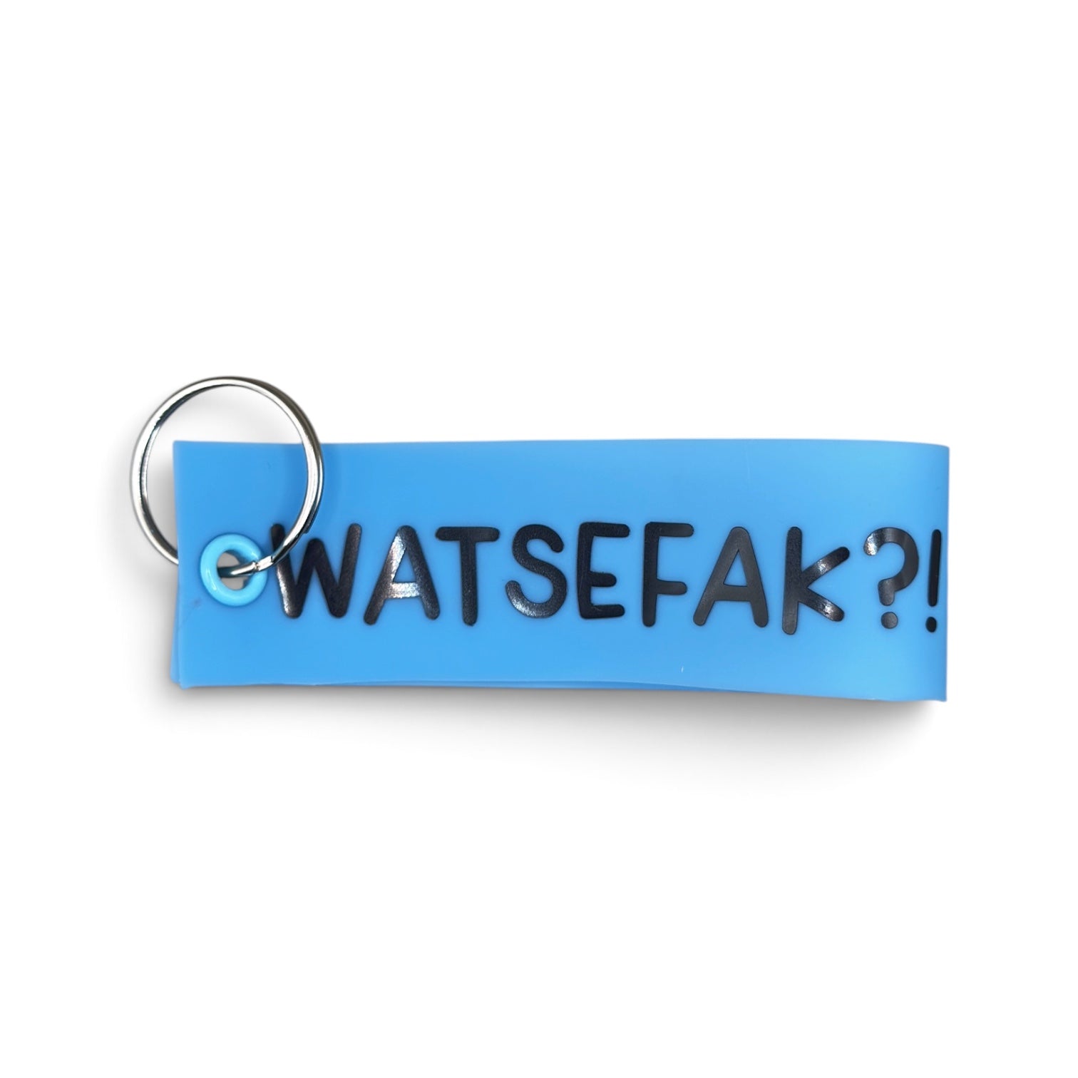 Blauer Vinyl-Schlüsselanhänger mit Aufschrift „WATSEFAK?!“ und Metallring