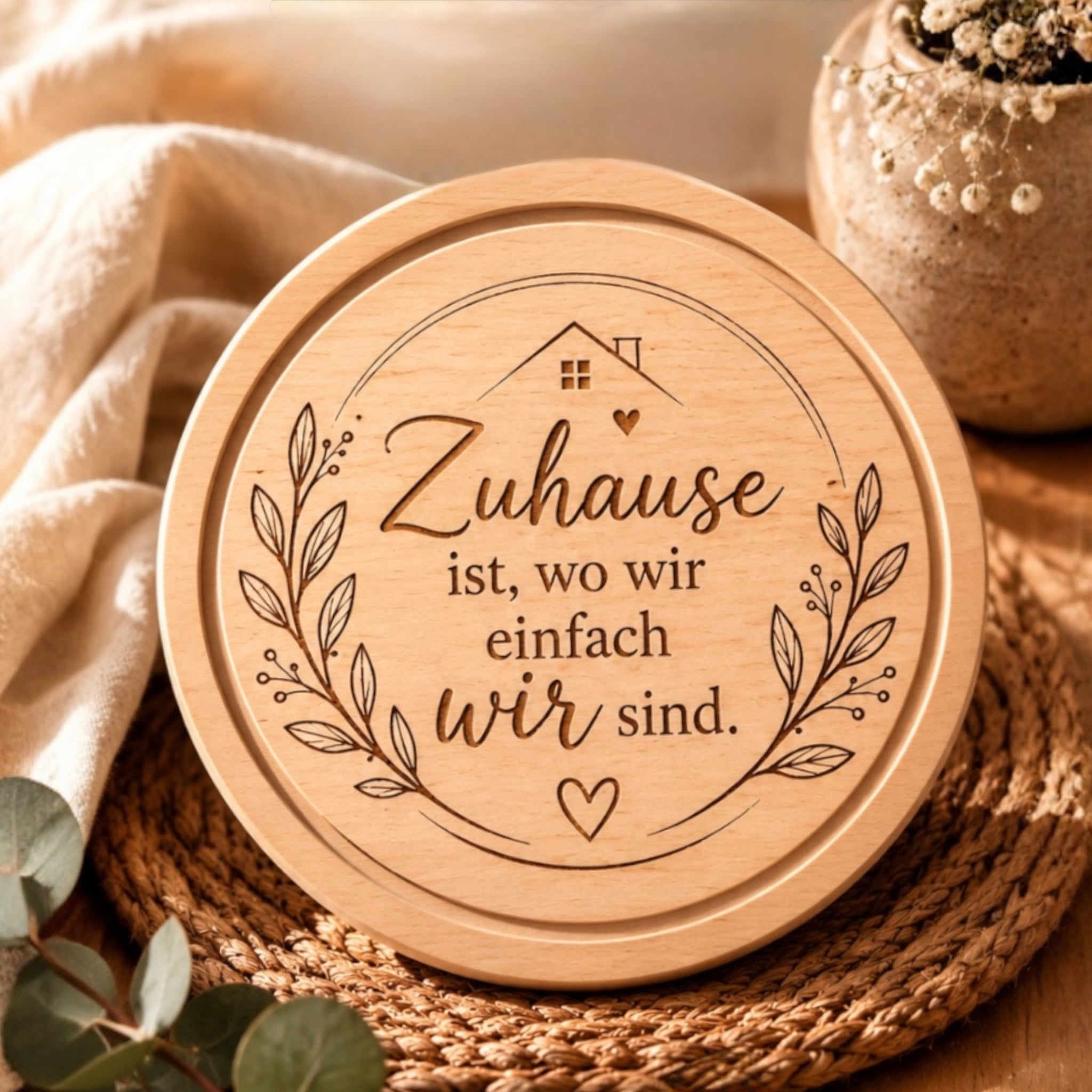 Graviertes Schneidebrett aus Buche Ø25 cm mit Spruch Zuhause ist wo wir einfach wir sind